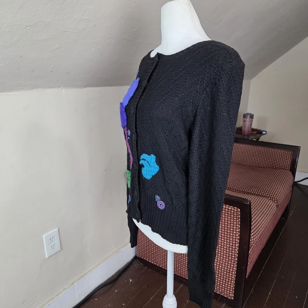 Vintage Michael Simon Embellished Knit‎ Cardigan Black Floral Applique Sweater L